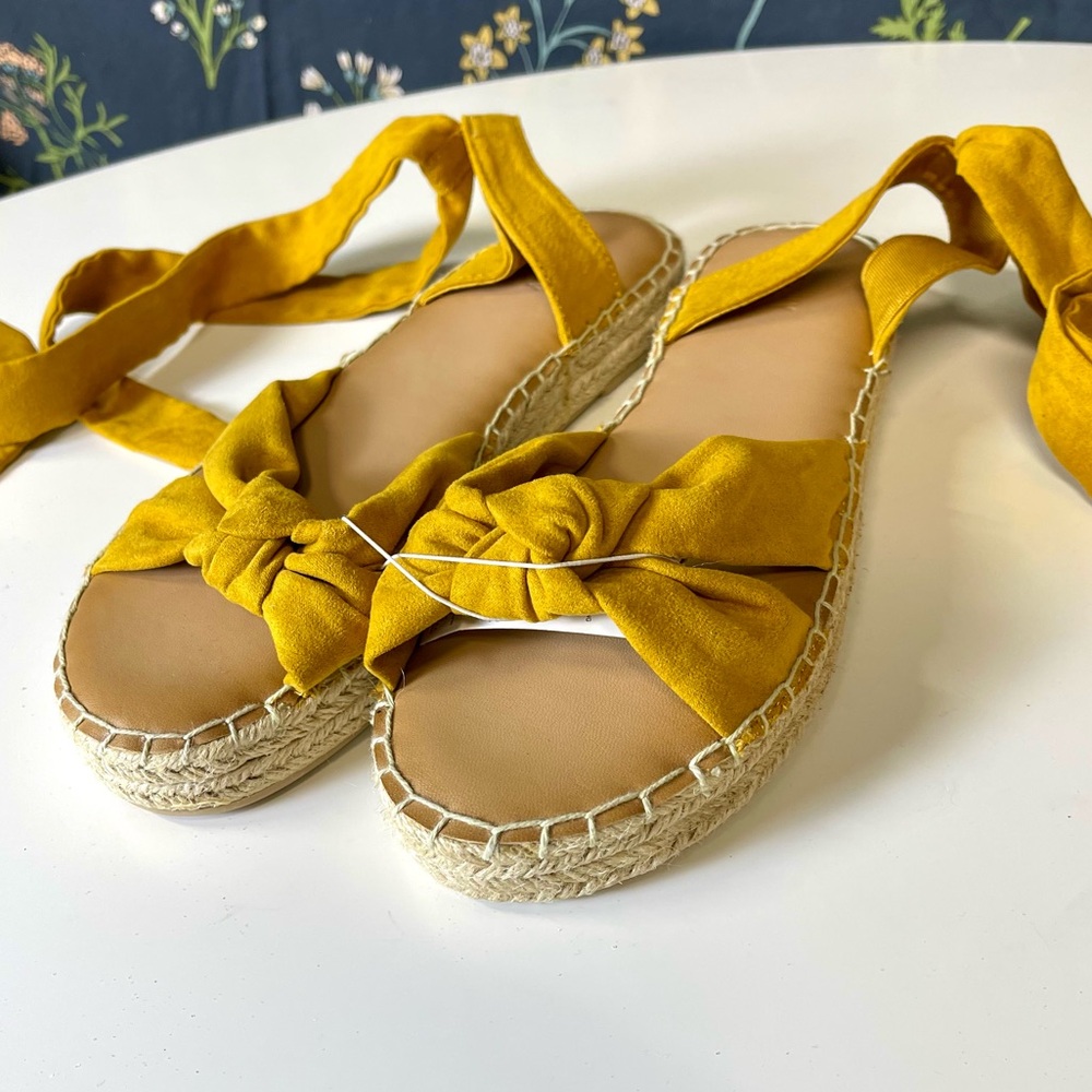 Marigold Yellow Knot Espadrille Lace Up Platform Sandals 9 Boho NWT - Picture 2 of 4